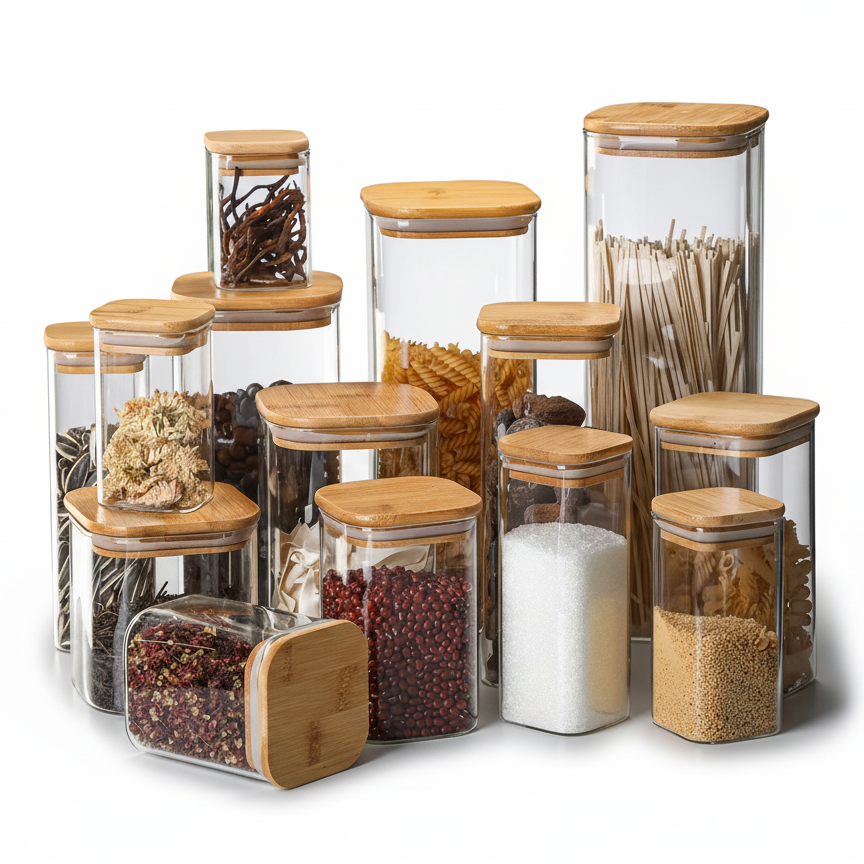 Square Glass Food Storage Containers with Bamboo Lids