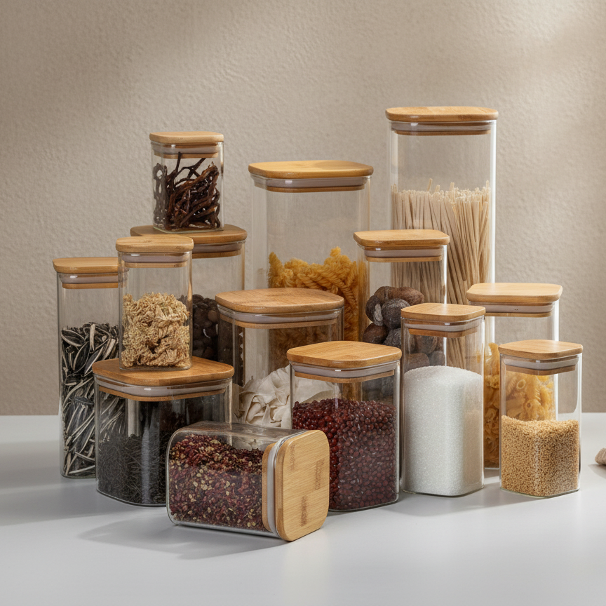 Square Glass Food Storage Containers with Bamboo Lids