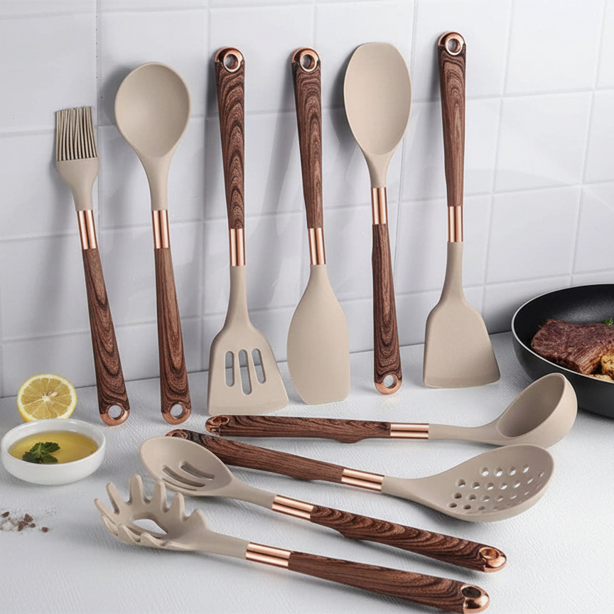 Silicone Kitchen Utensil Set with Wooden Handles (10-Piece)