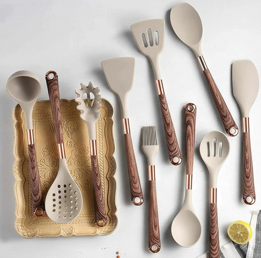 Silicone Kitchen Utensil Set with Wooden Handles (10-Piece)