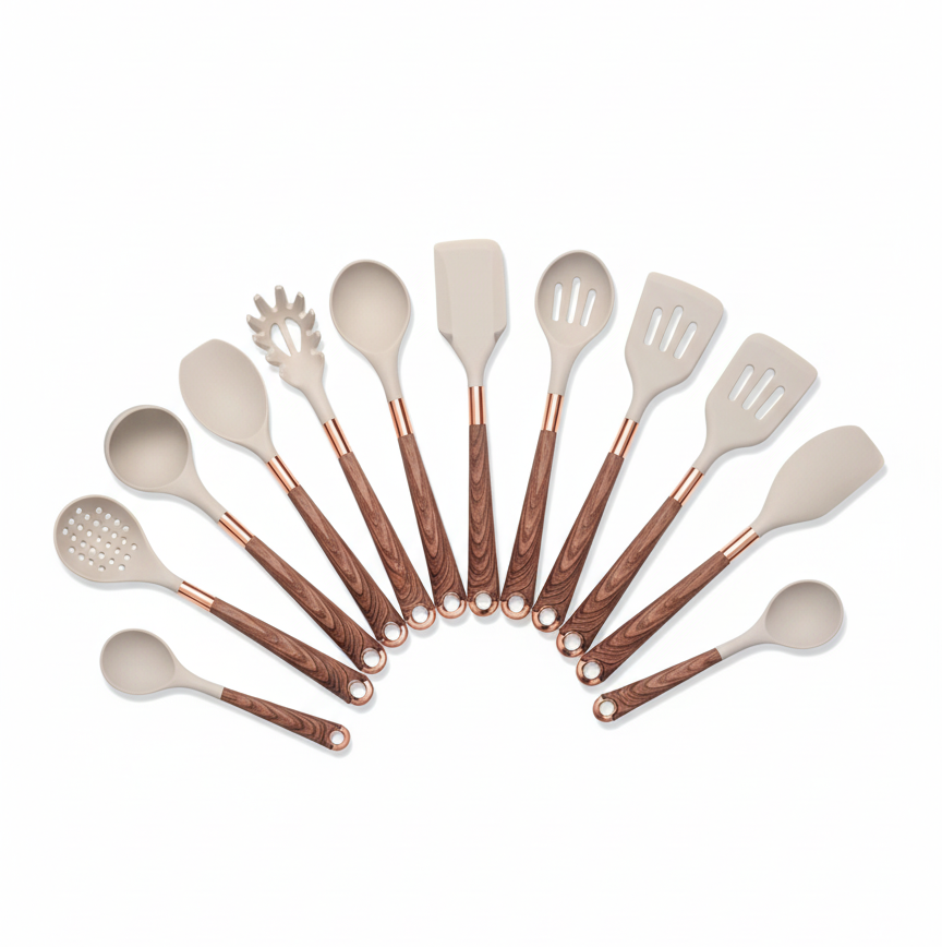 Silicone Kitchen Utensil Set with Wooden Handles (10-Piece)